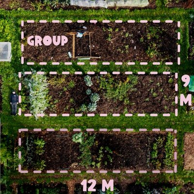 Group allotment at a Roots site, 9 x 12m marked out on the ground