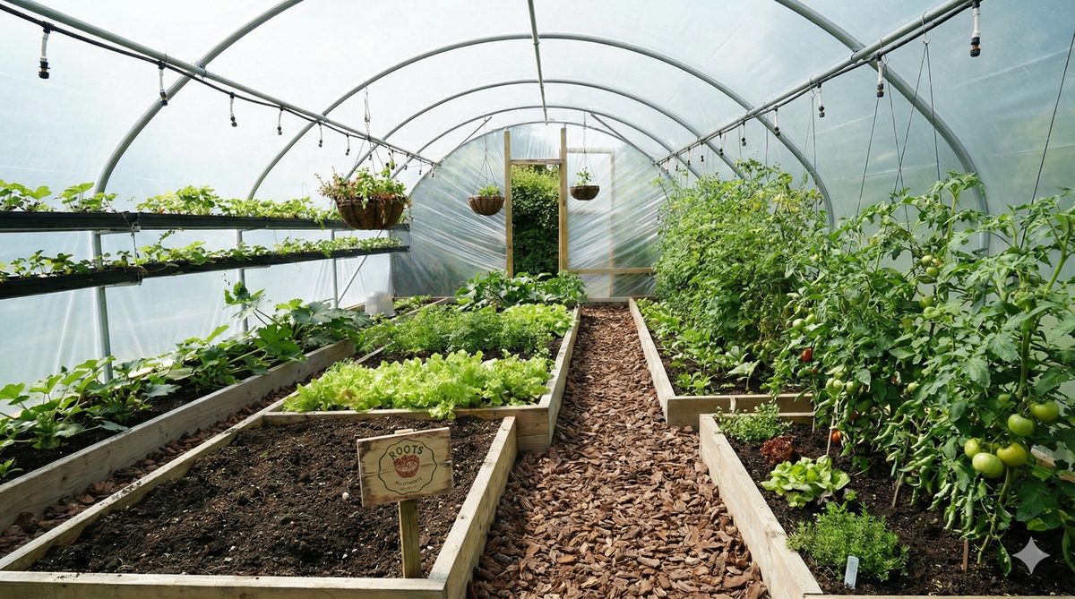 Inside a Roots polytunnel