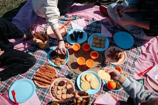 Plates of food laid out on a picnic blanket with people helping themselves