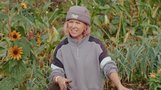 A member standing among sunflowers and leeks on her allotment